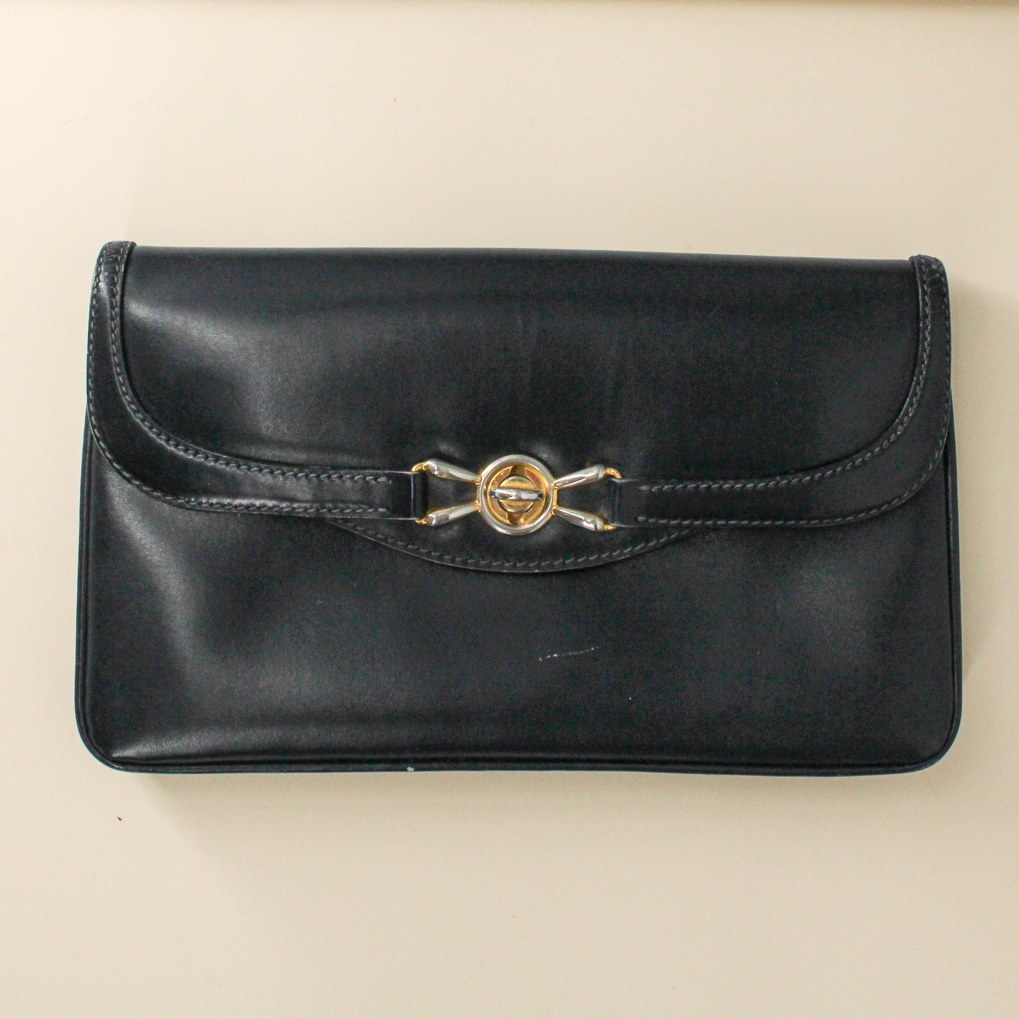 70s gucci navy leather horsebit clasp clutch