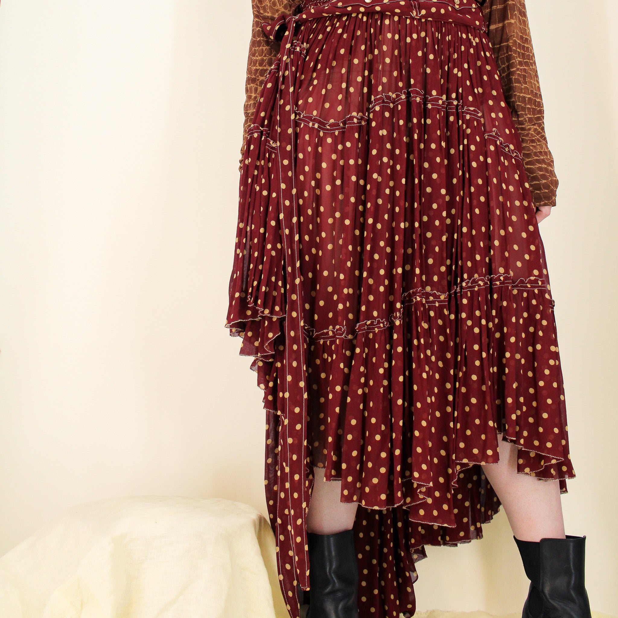 y2k jean paul gaultier femme asymmetric polka dot tiered skirt - ss2004