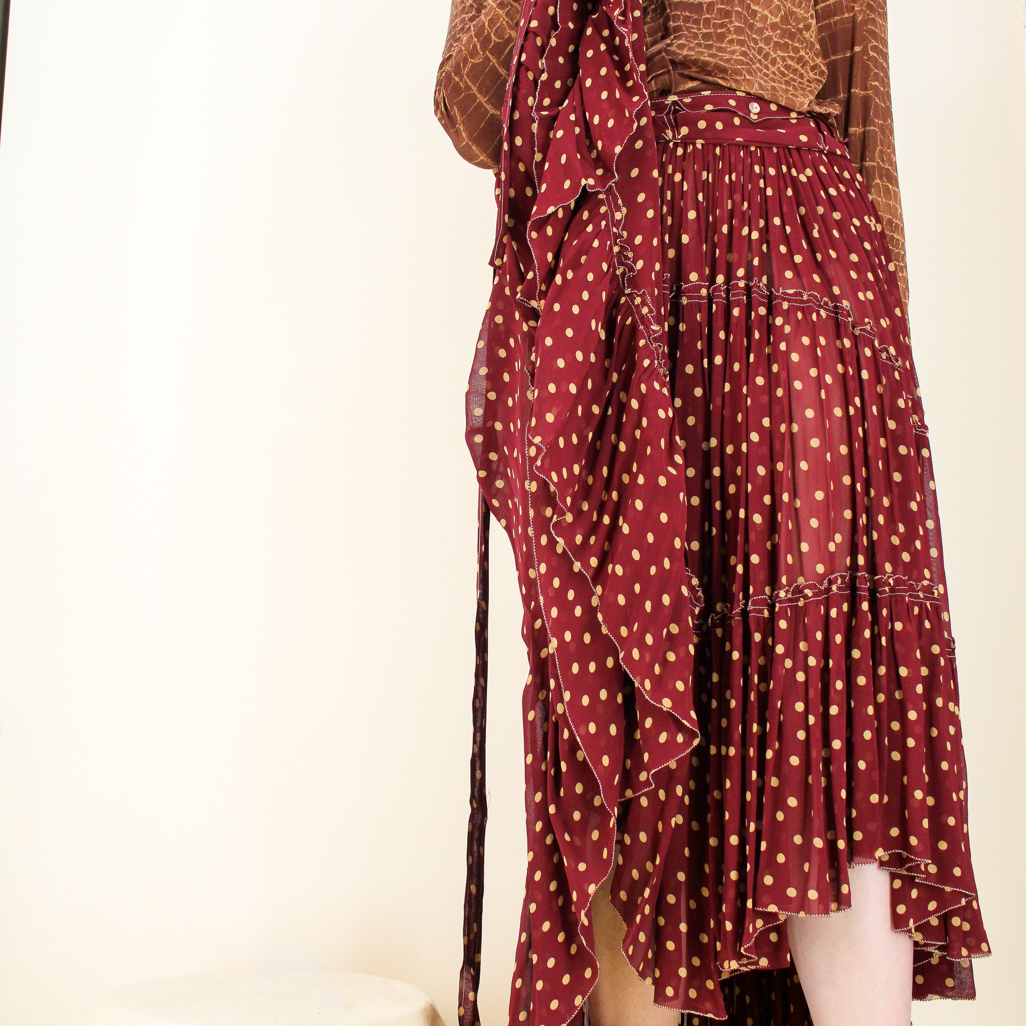 y2k jean paul gaultier femme asymmetric polka dot tiered skirt - ss2004