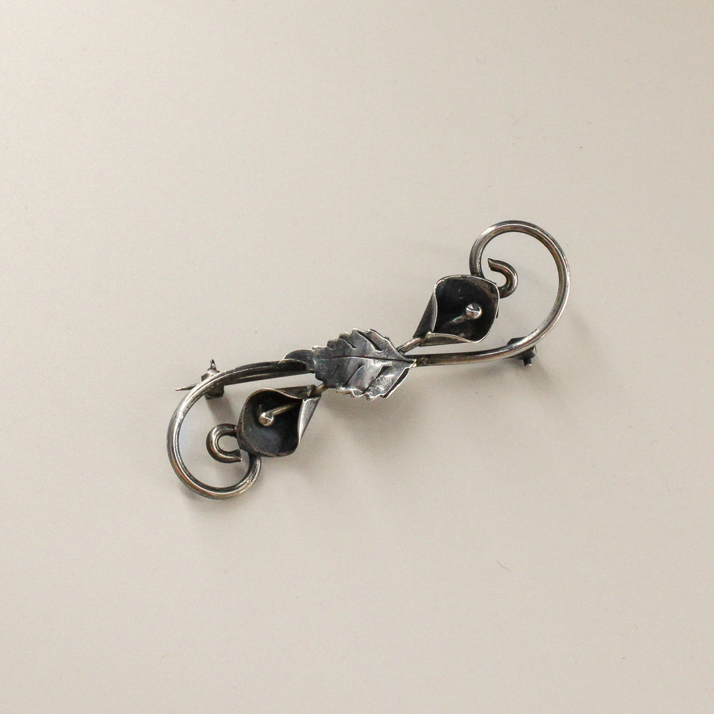 50s sterling silver calla lily scroll bar brooch