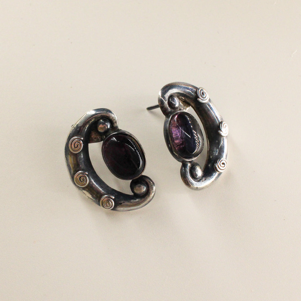 90s sterling silver amethyst crescent swirl  earrings