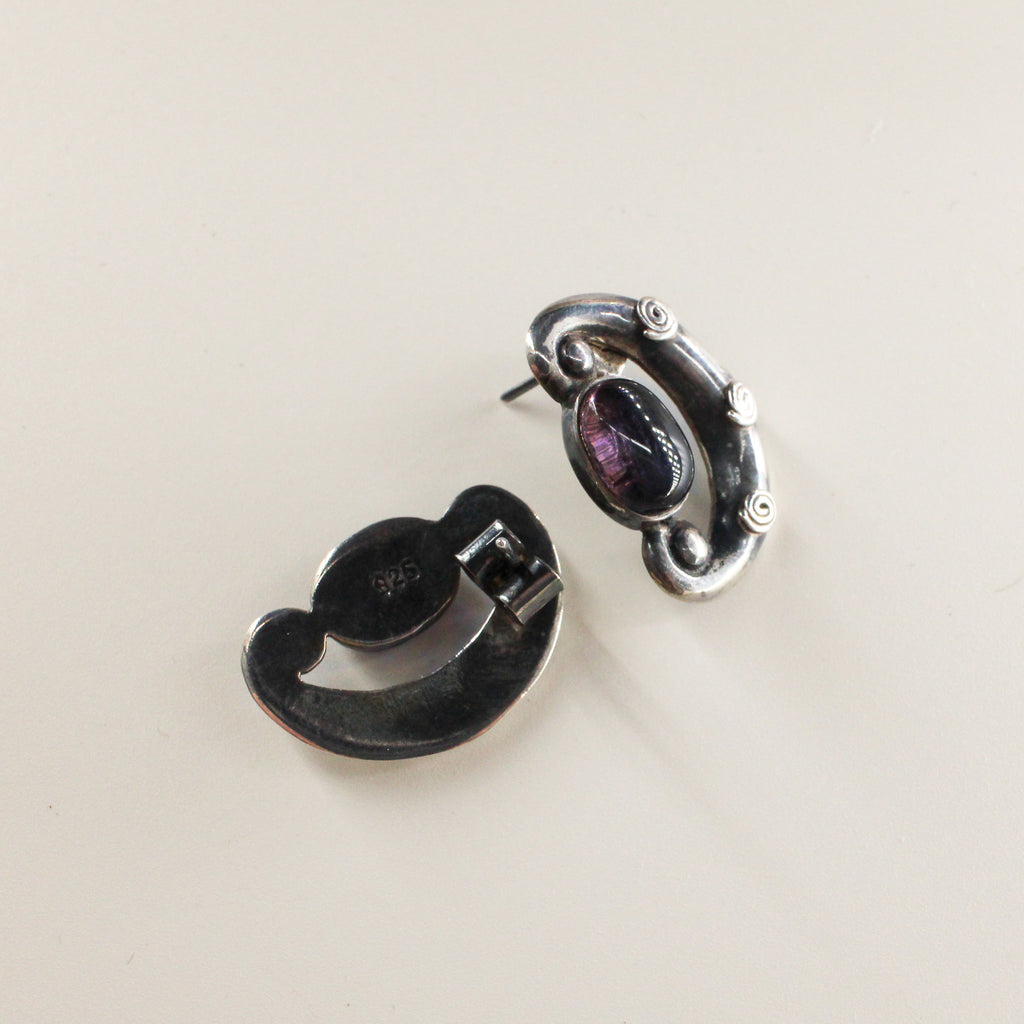 90s sterling silver amethyst crescent swirl  earrings