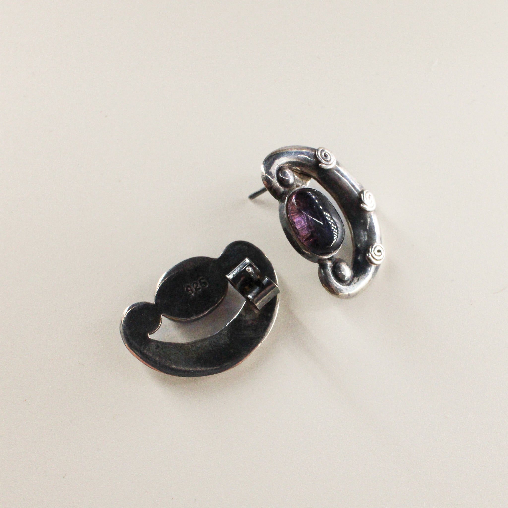 90s sterling silver amethyst crescent swirl  earrings