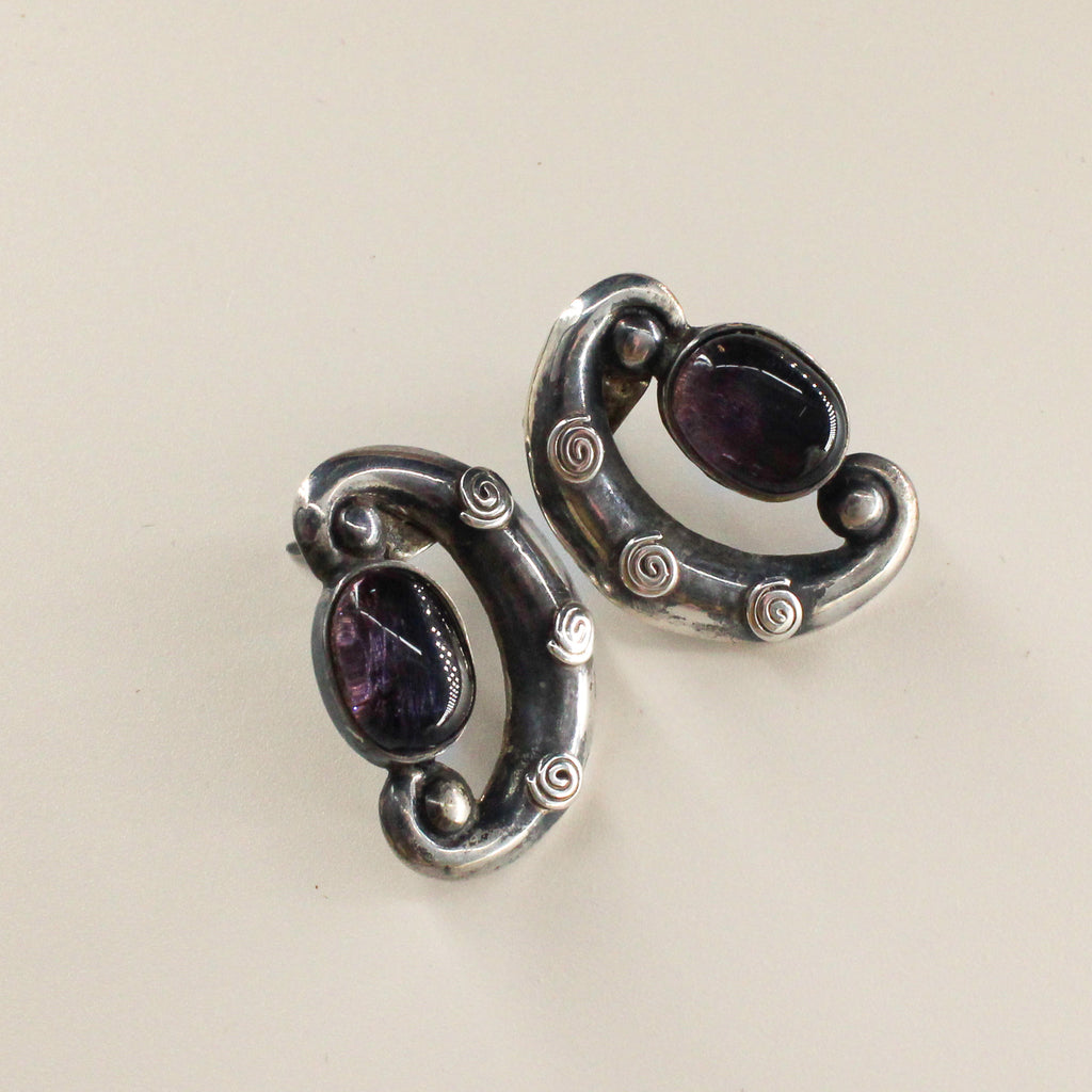 90s sterling silver amethyst crescent swirl  earrings