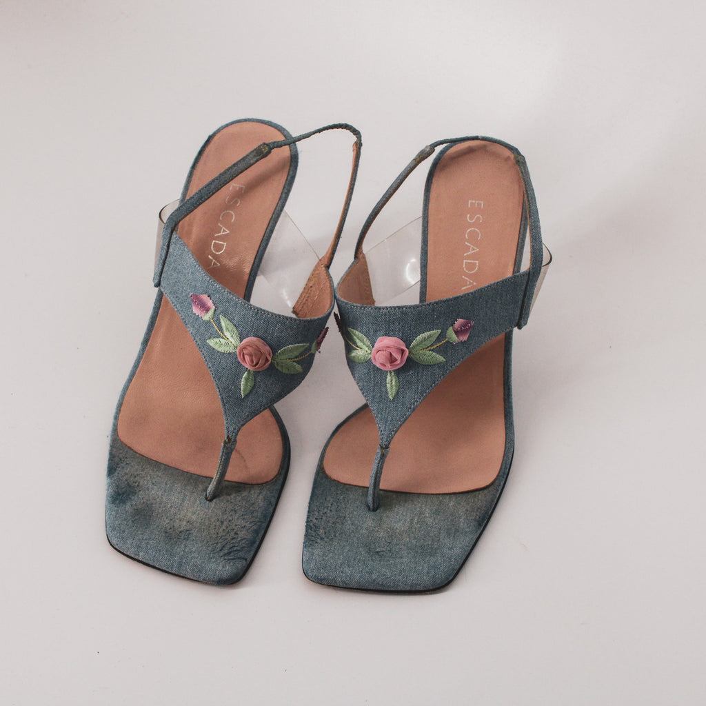 y2k escada denim rose applique thong heels