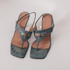 y2k escada denim rose applique thong heels
