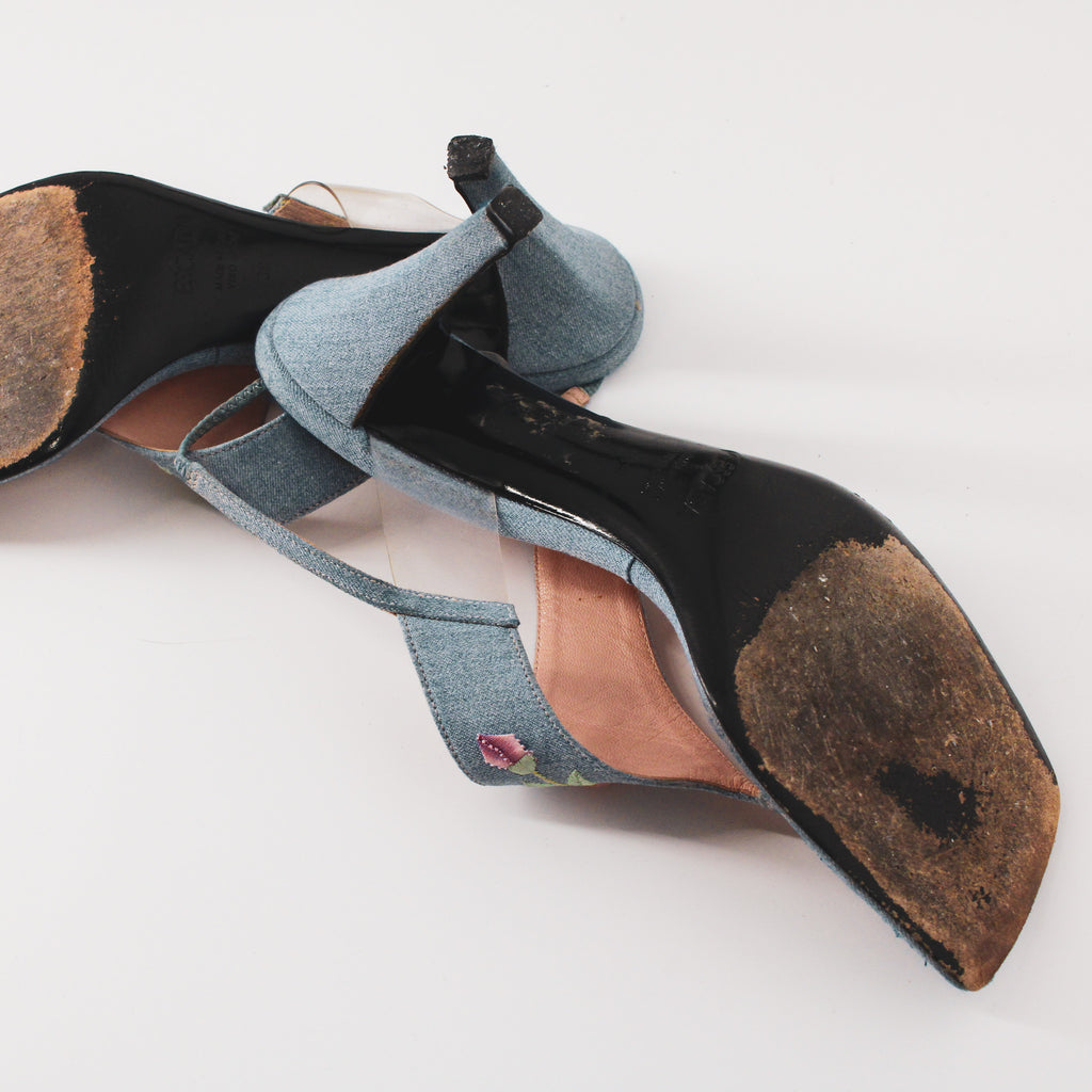 y2k escada denim rose applique thong heels