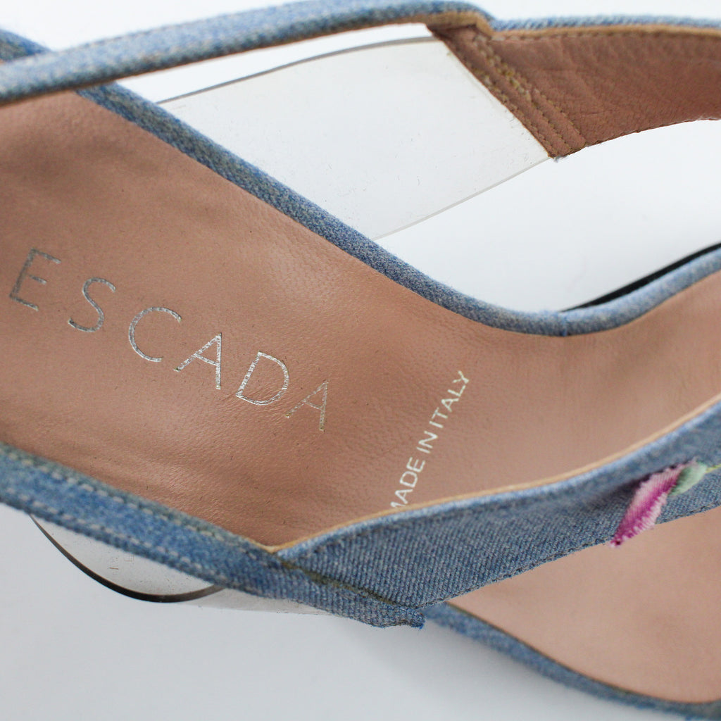 y2k escada denim rose applique thong heels
