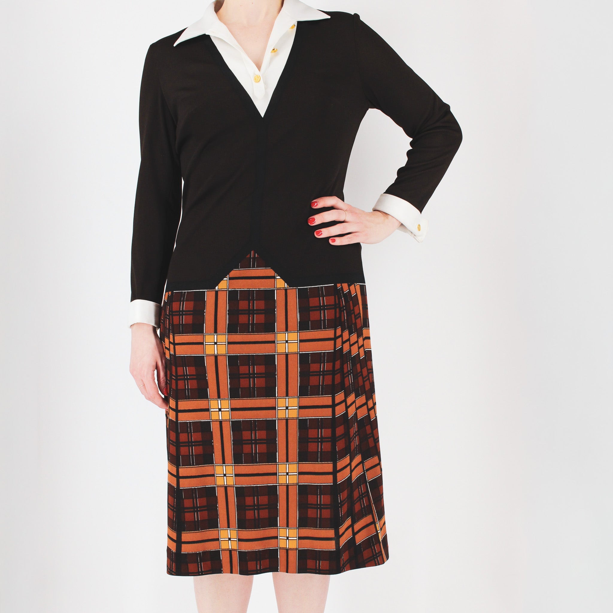 70s roberta di camerino trompe l’oeil plaid midi dress