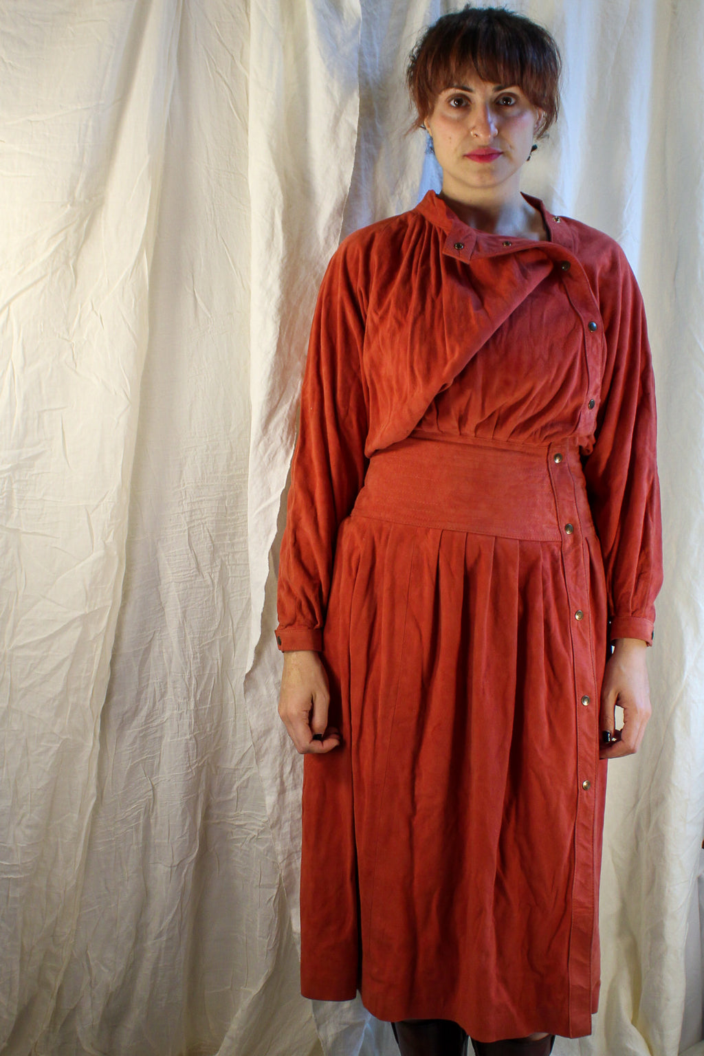 80s privato new york rust suede snap dress