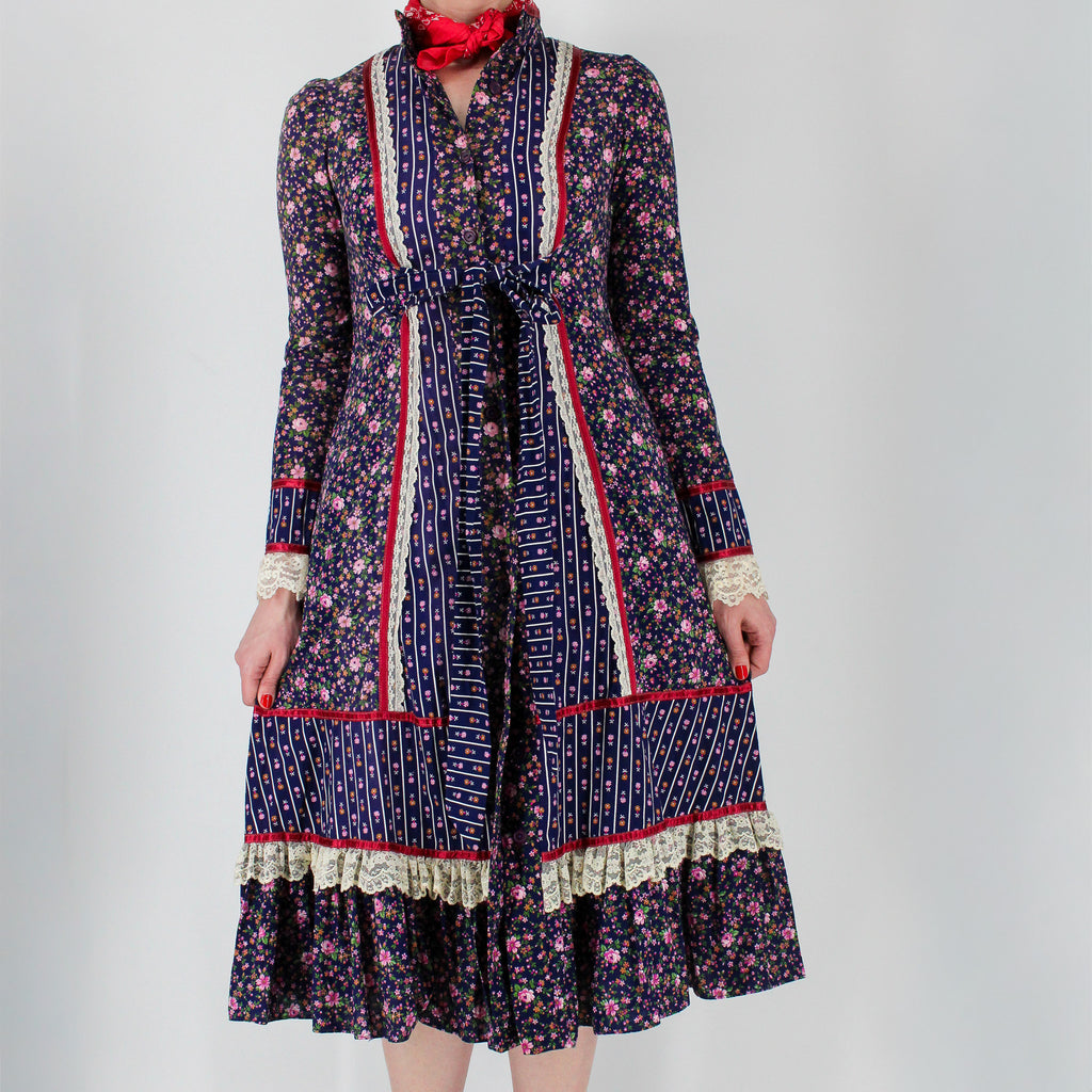 70s gunne sax navy floral prairie dress