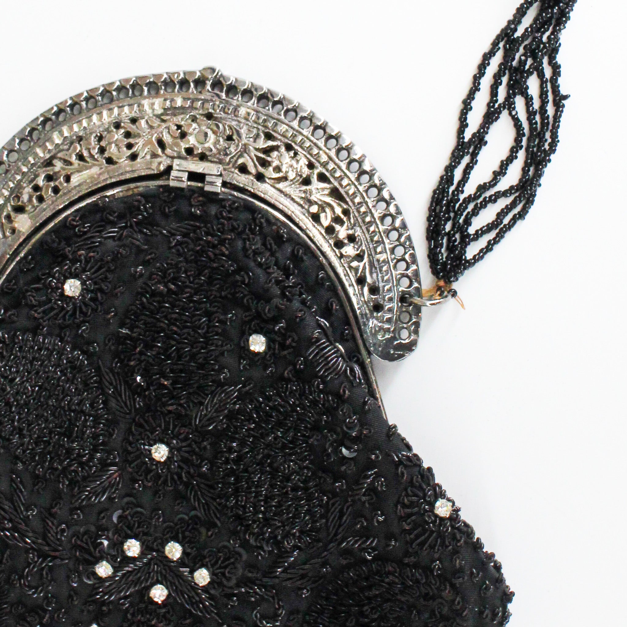 20s black beaded flapper evening bag with rhinestone detailing