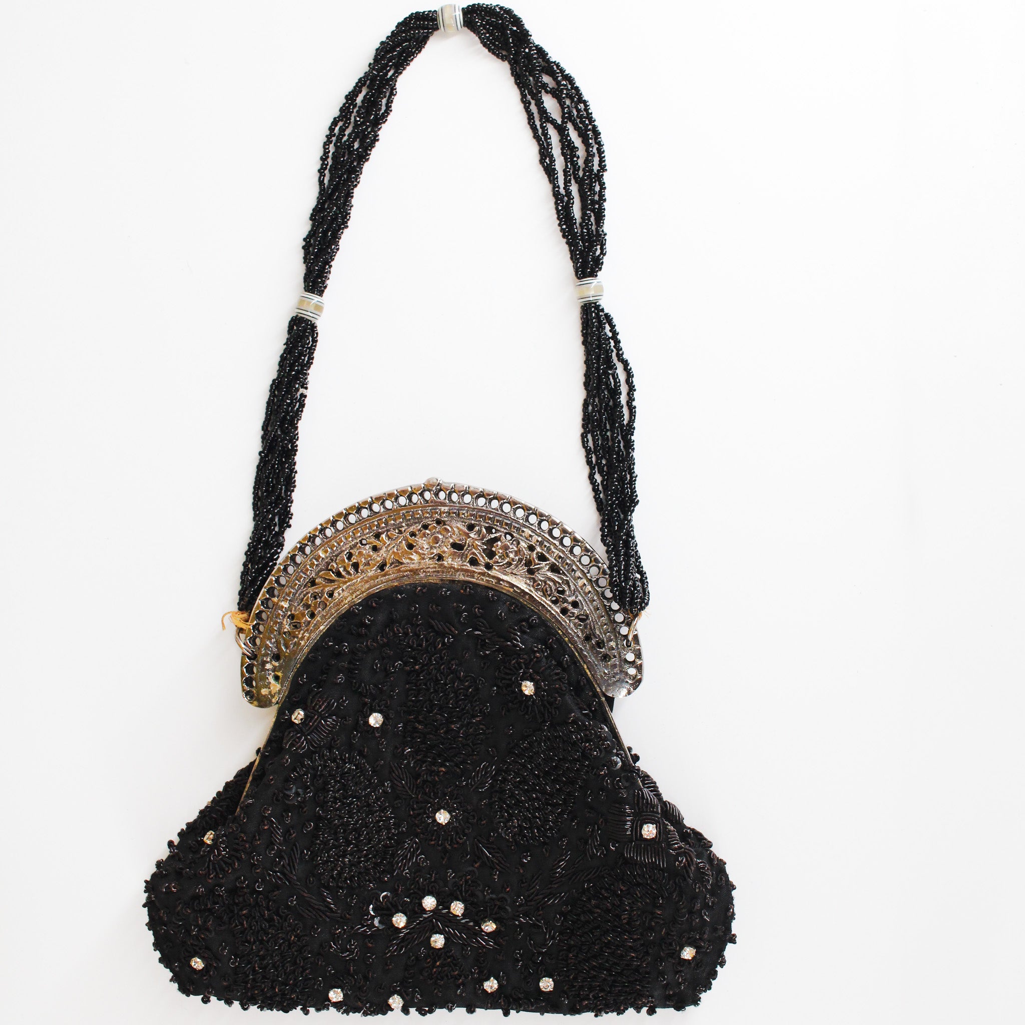 20s black beaded flapper evening bag with rhinestone detailing
