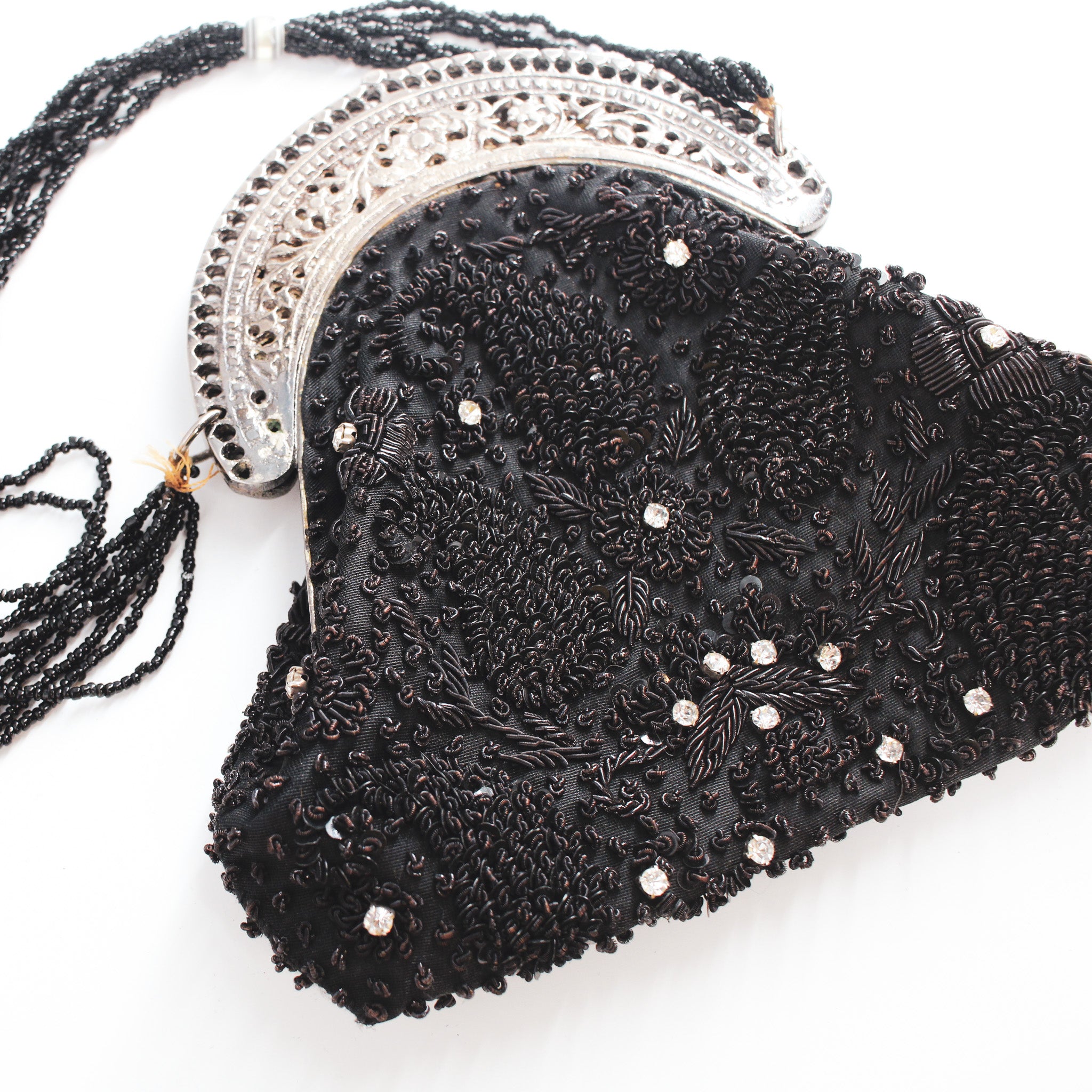 20s black beaded flapper evening bag with rhinestone detailing