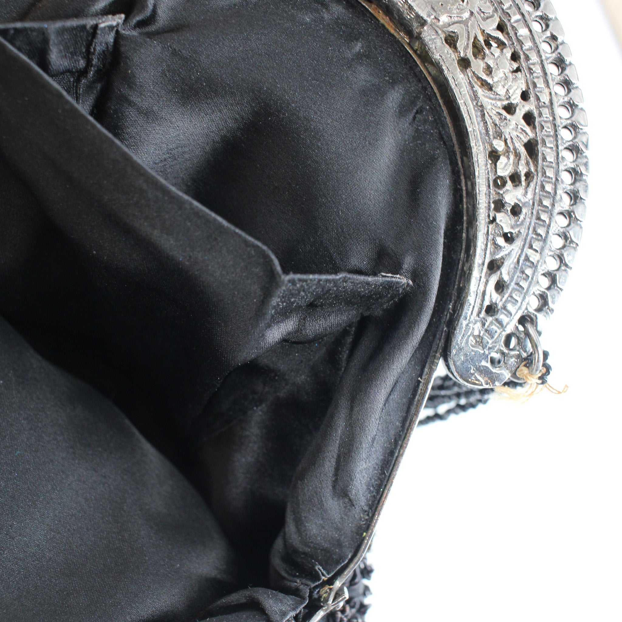 20s black beaded flapper evening bag with rhinestone detailing