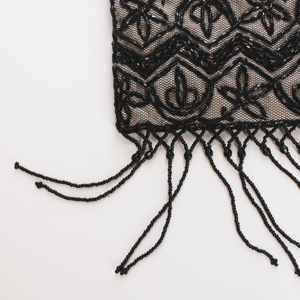90s deco-inspired black beaded fringe evening bag