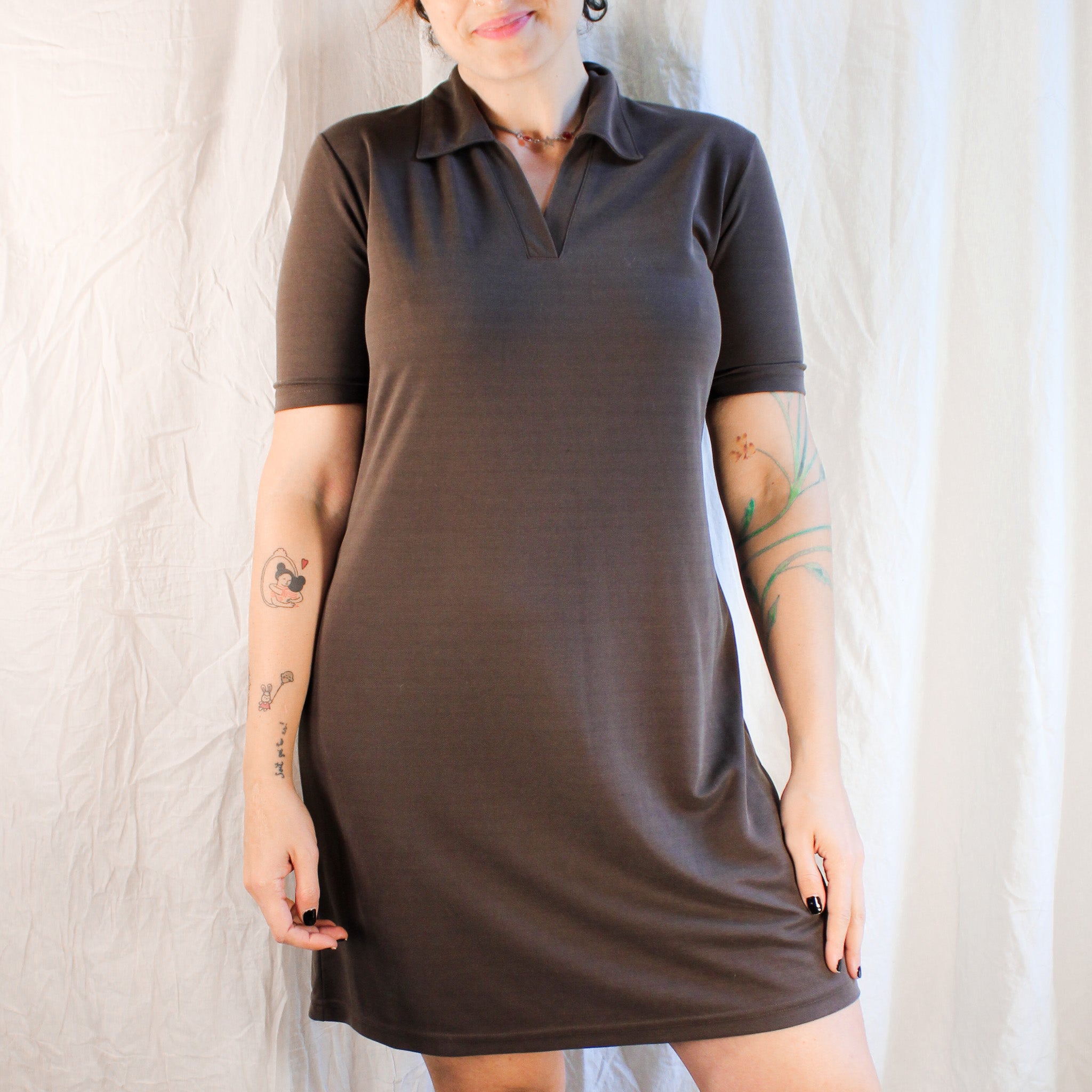 90s euro minimal polo mini dress - chocolate brown