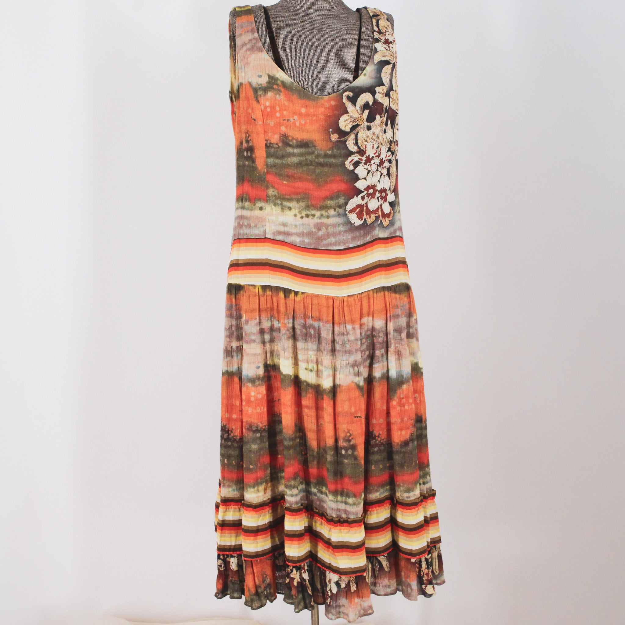 y2k italian sunset print drop-waist midi dress