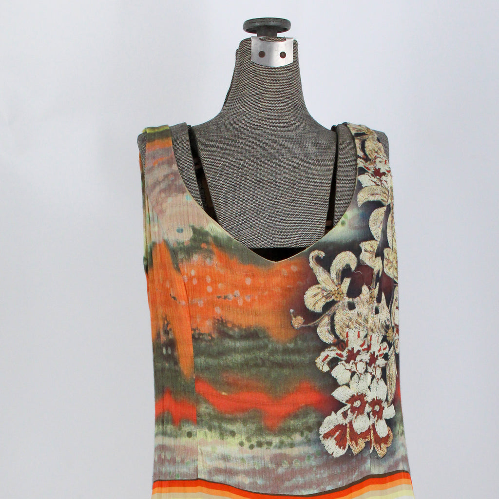 y2k italian sunset print drop-waist midi dress