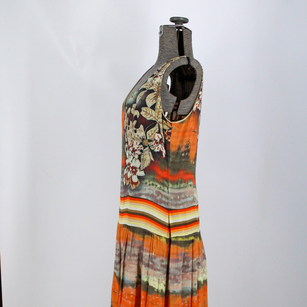 y2k italian sunset print drop-waist midi dress
