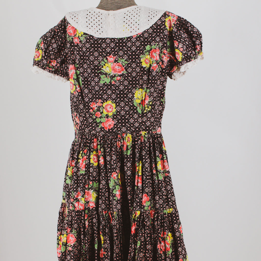 40s floral cotton eyelet collar tiered dress