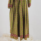 60s green floral bordered-print cotton folk dress