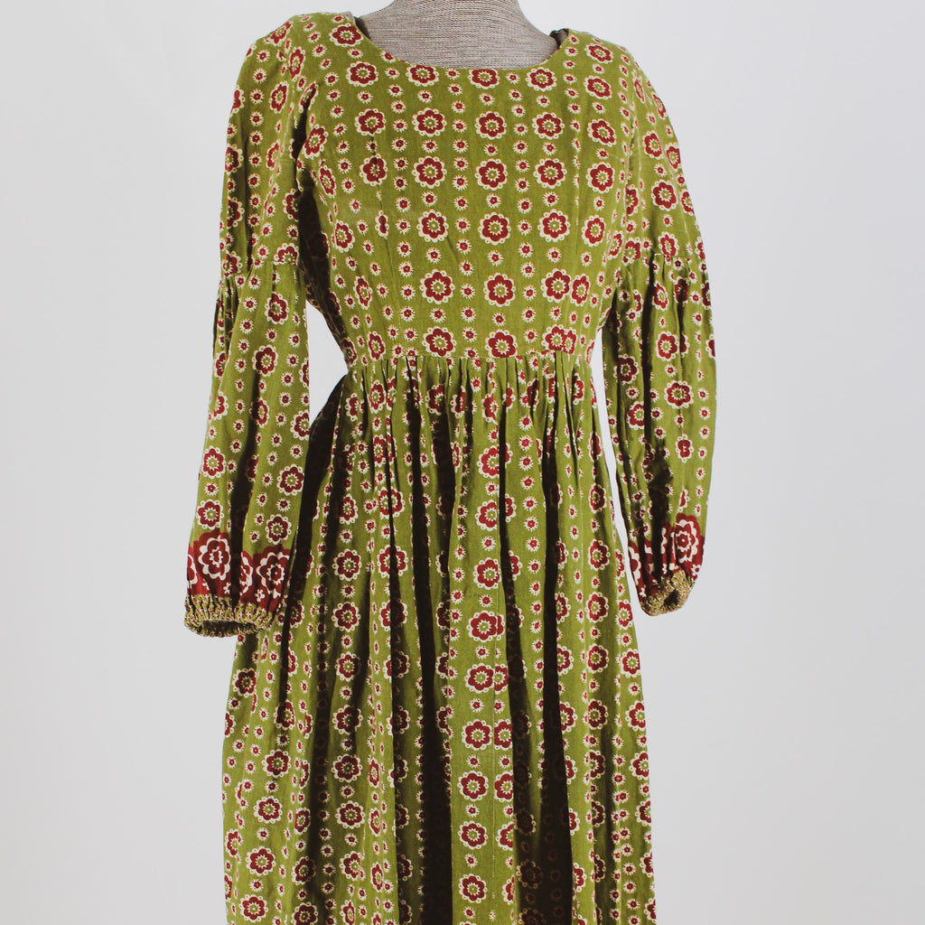 60s green floral bordered-print cotton folk dress