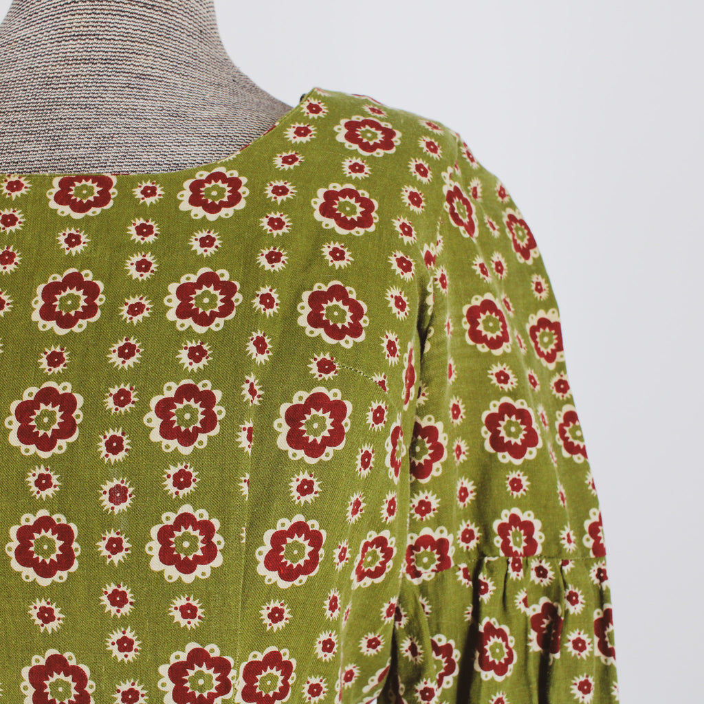 60s green floral bordered-print cotton folk dress