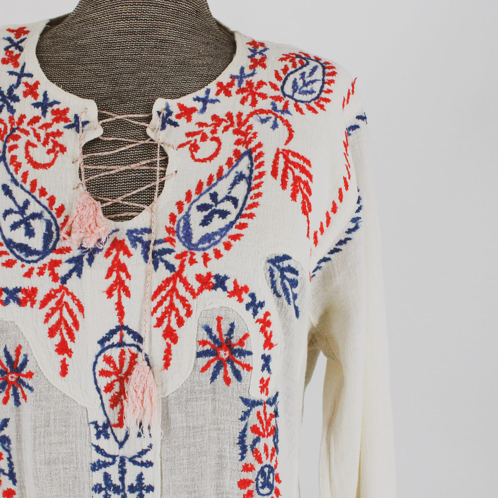 70s hand-embroidered cotton gauze caftan maxi dress