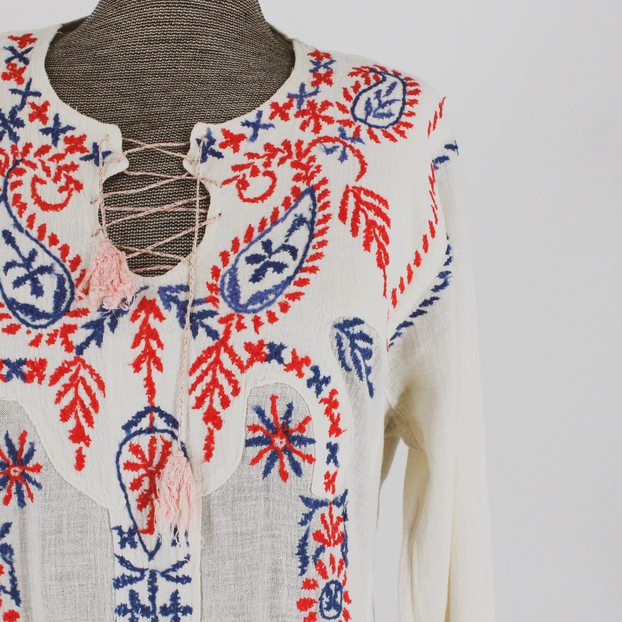 70s hand-embroidered cotton gauze caftan maxi dress