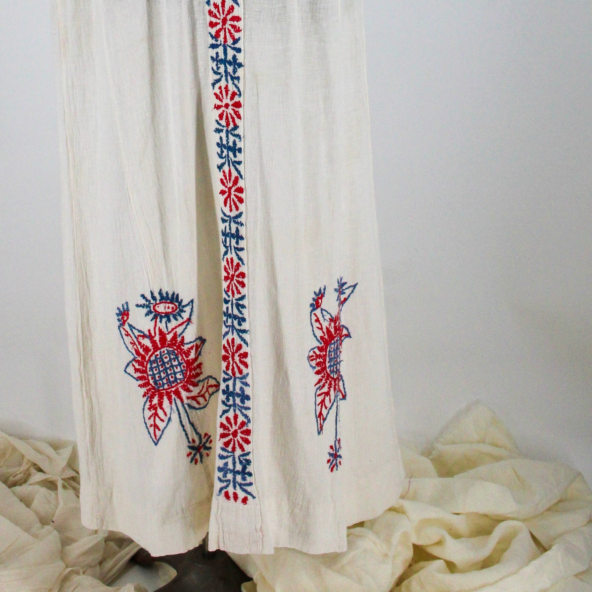 70s hand-embroidered cotton gauze caftan maxi dress