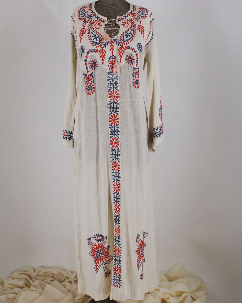 70s hand-embroidered cotton gauze caftan maxi dress