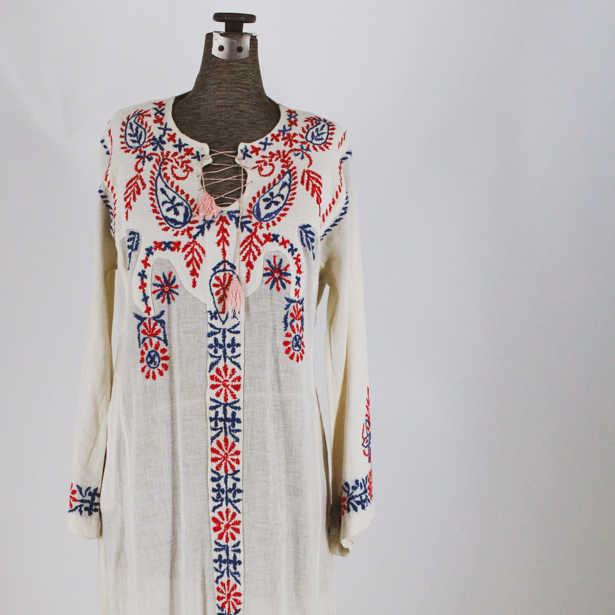 70s hand-embroidered cotton gauze caftan maxi dress