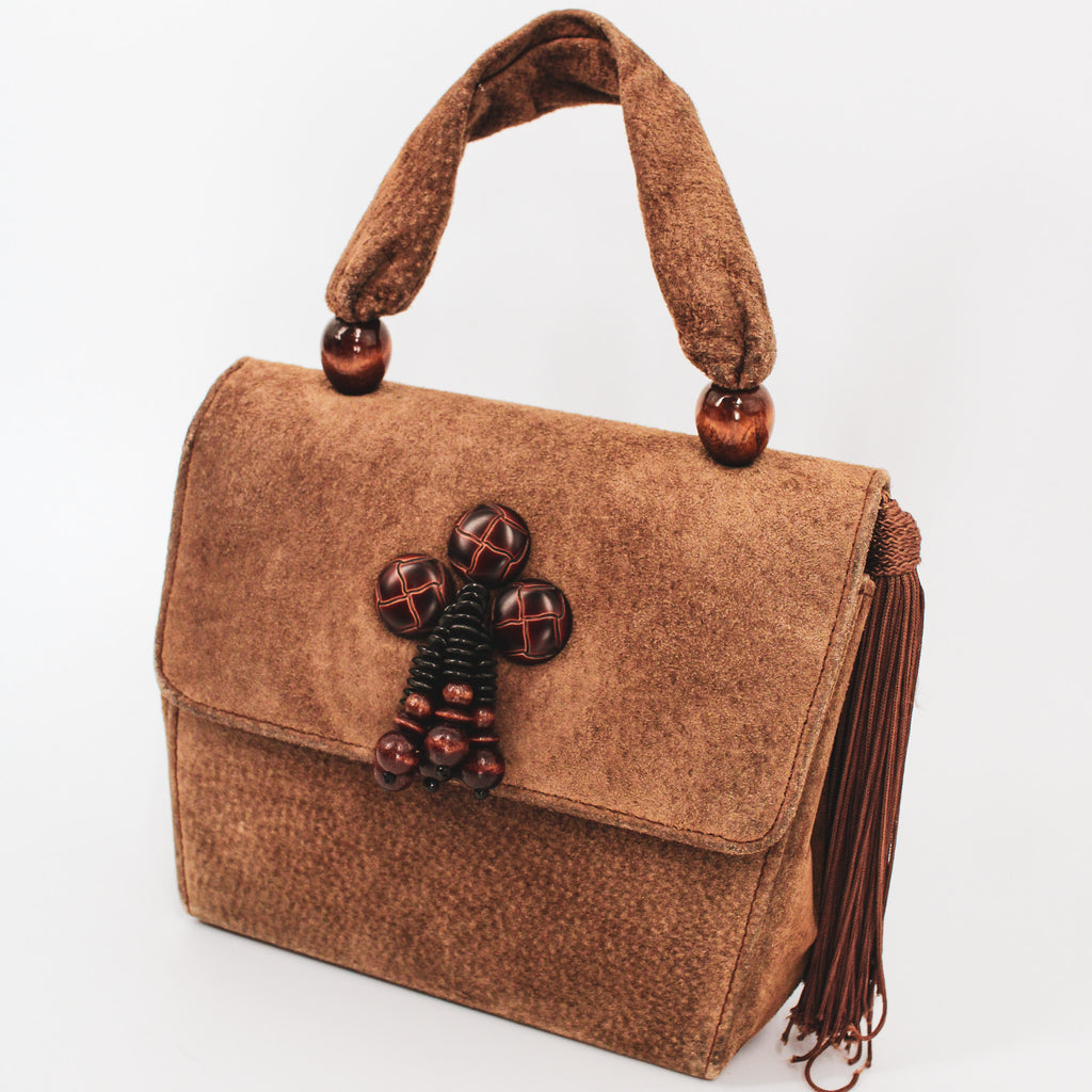 80s fiorucci suede handbag - wooden bead cluster and tassel