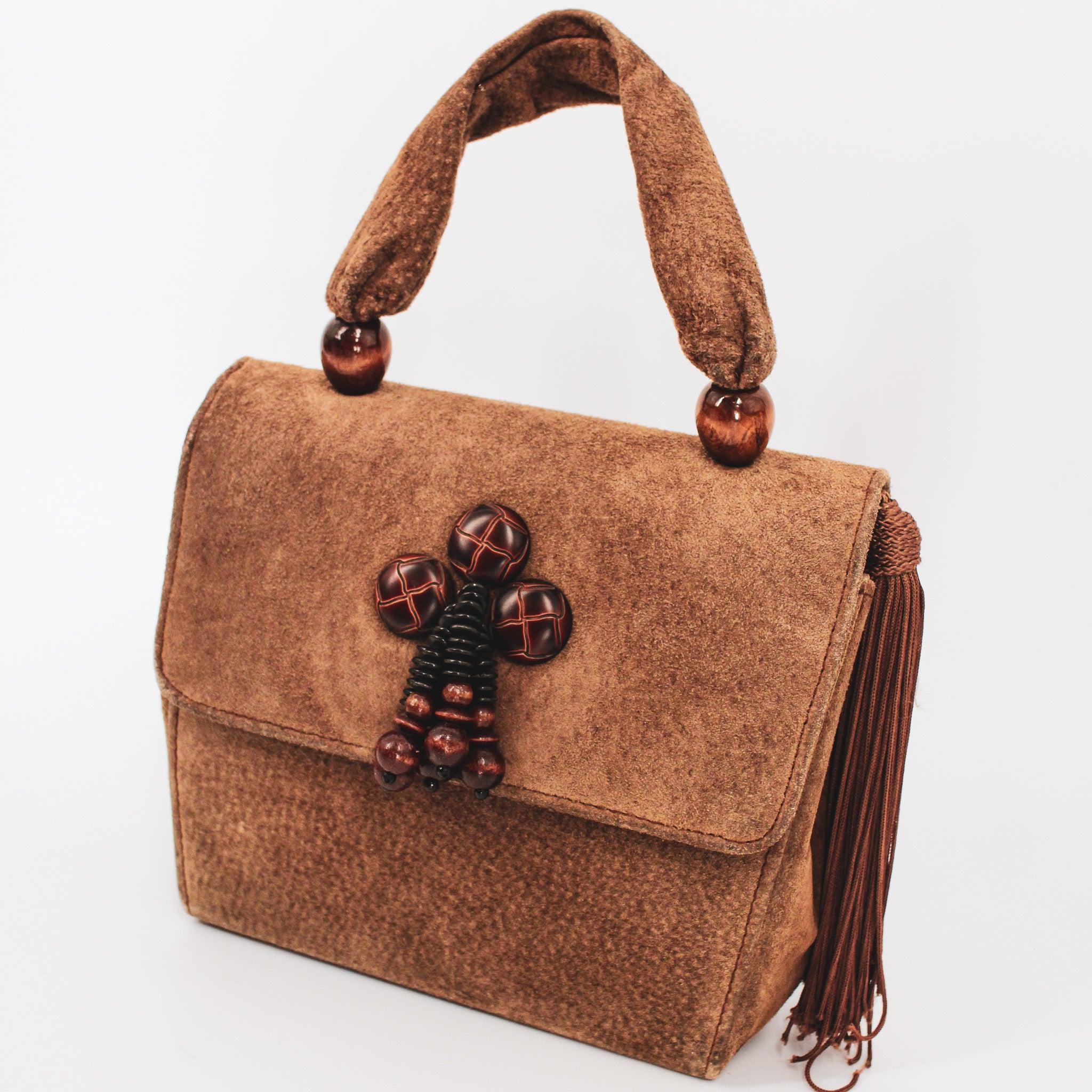 80s fiorucci suede handbag - wooden bead cluster and tassel