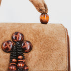 80s fiorucci suede handbag - wooden bead cluster and tassel