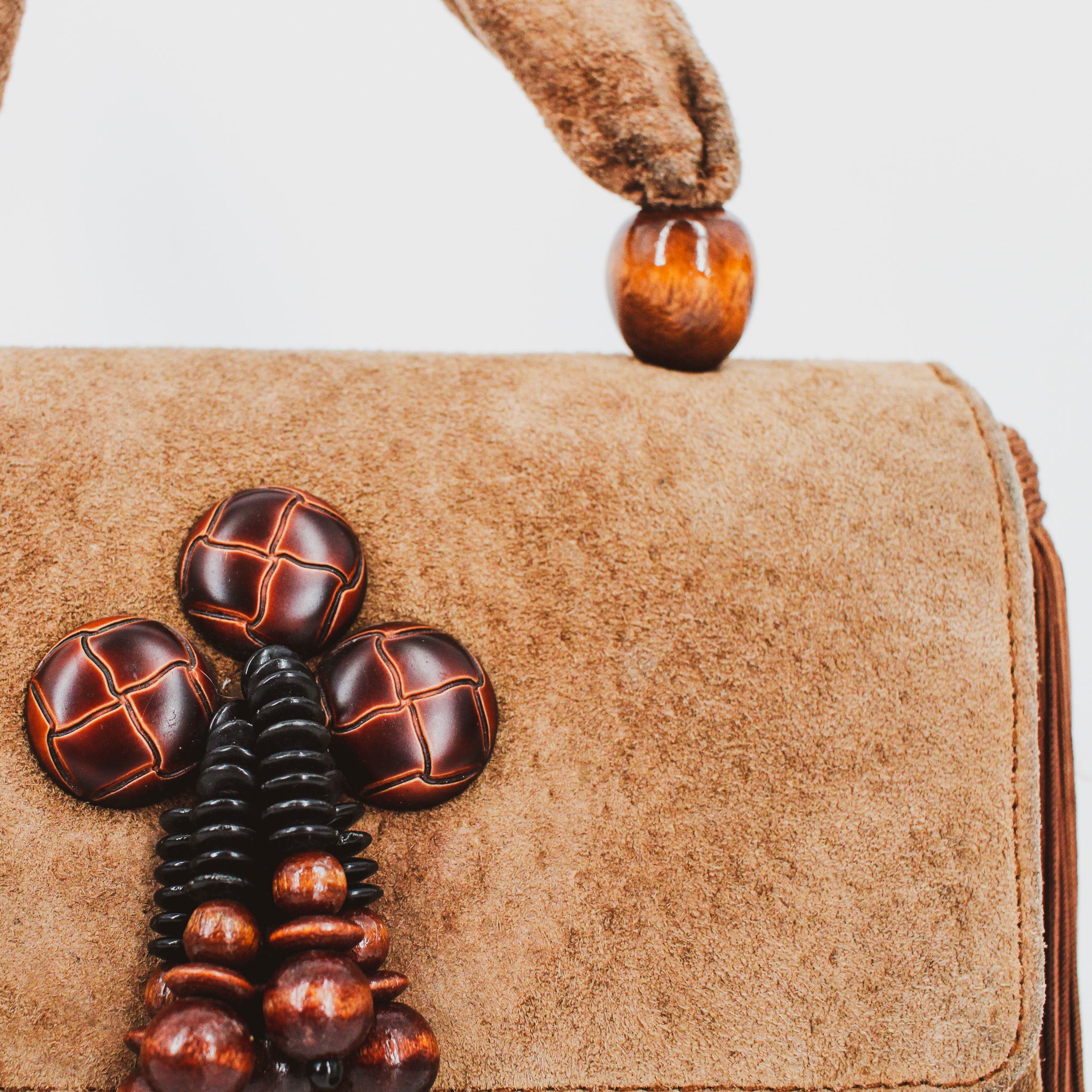 80s fiorucci suede handbag - wooden bead cluster and tassel