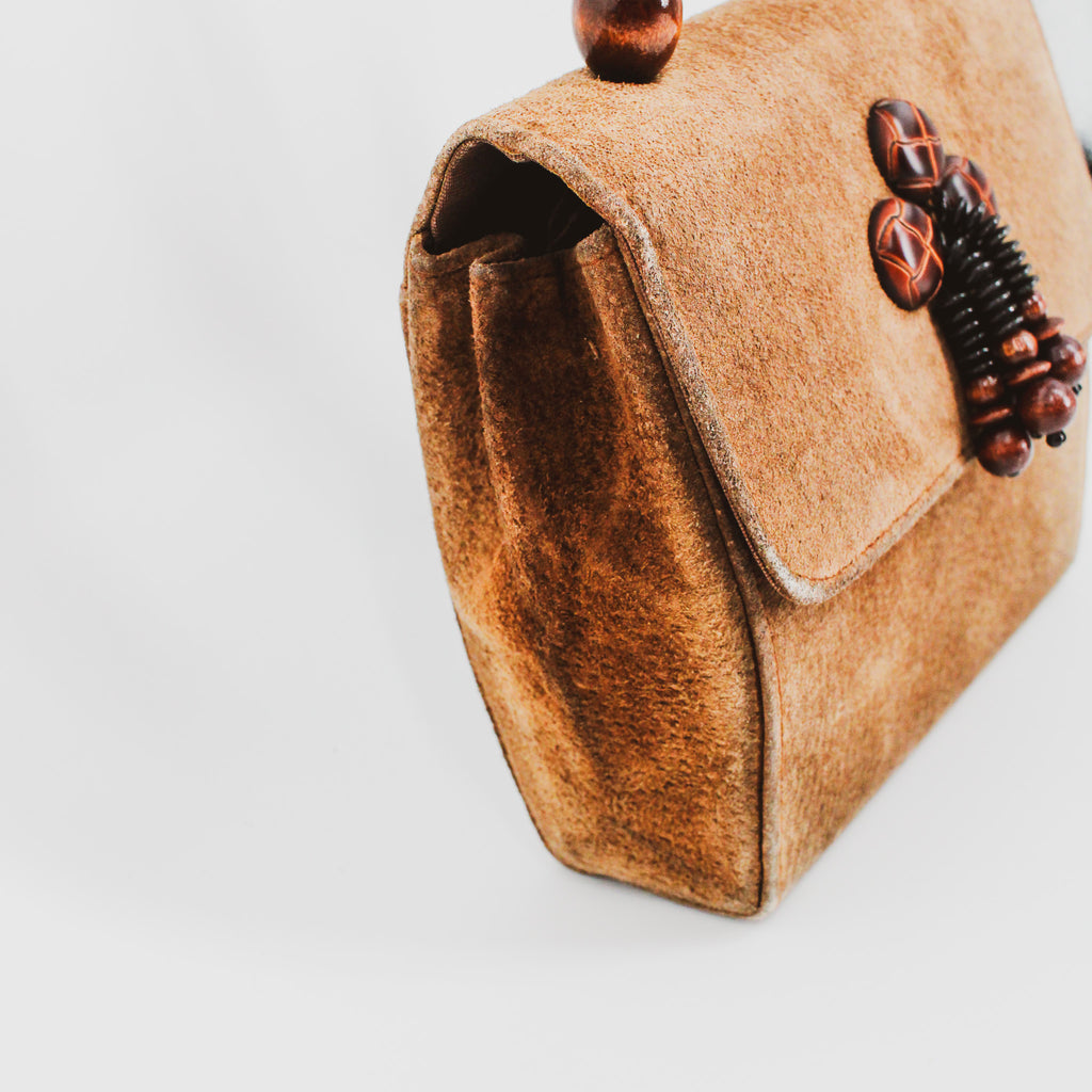 80s fiorucci suede handbag - wooden bead cluster and tassel