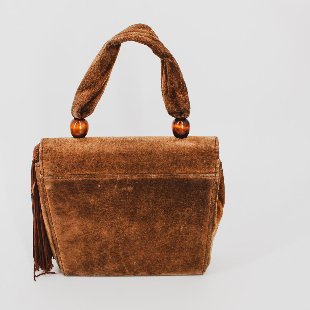 80s fiorucci suede handbag - wooden bead cluster and tassel