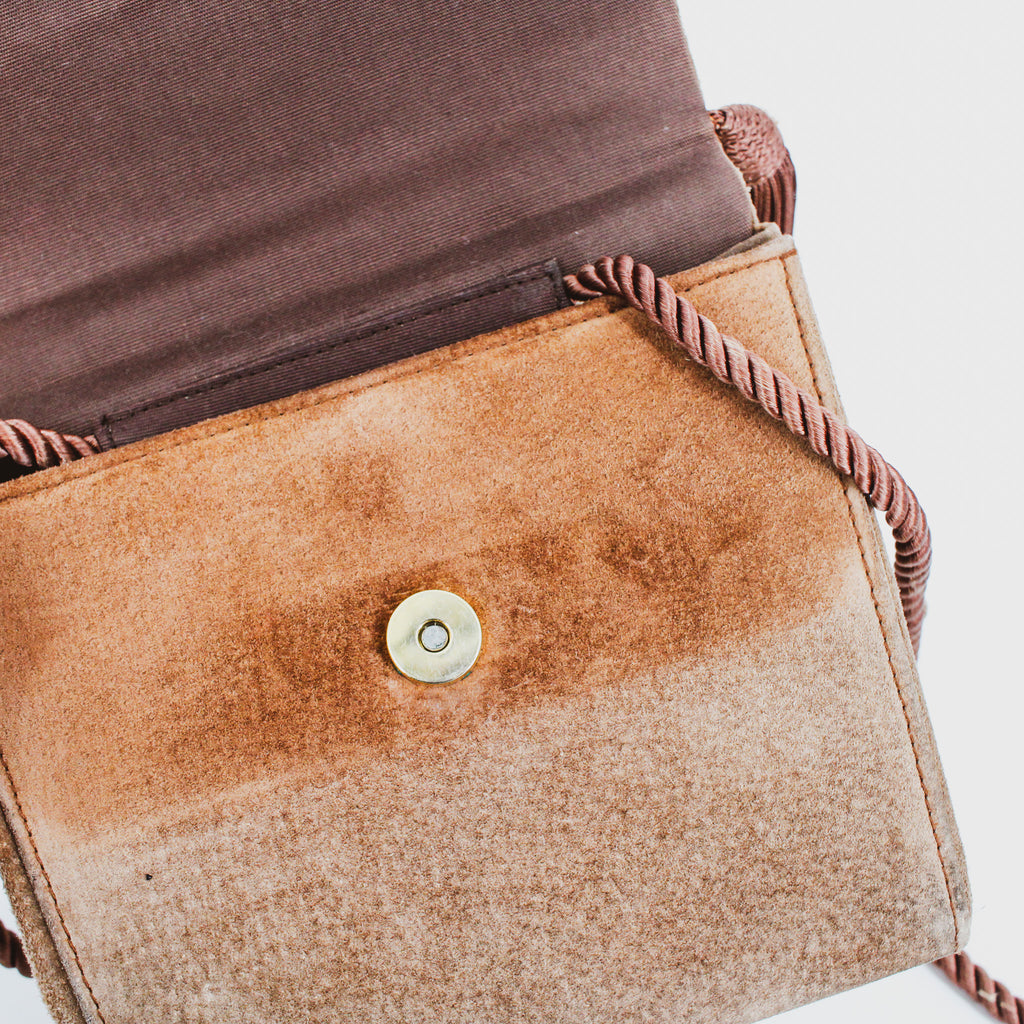 80s fiorucci suede handbag - wooden bead cluster and tassel