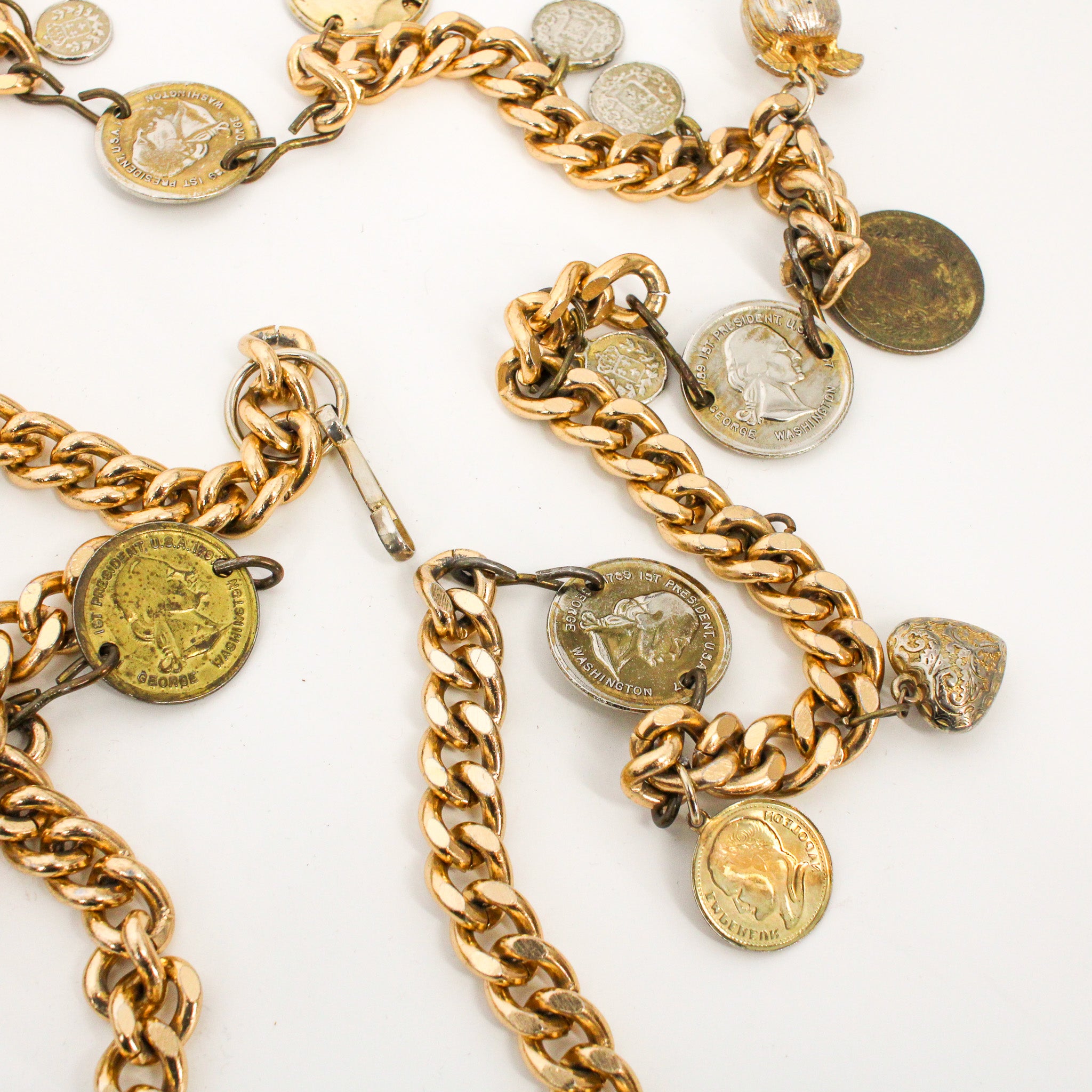 80s gold-tone curb chain coin charm belt