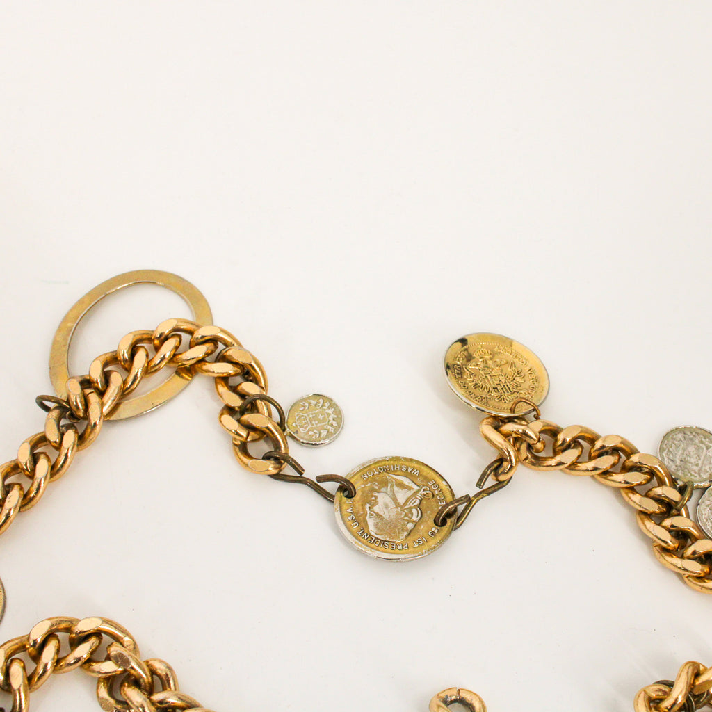 80s gold-tone curb chain coin charm belt