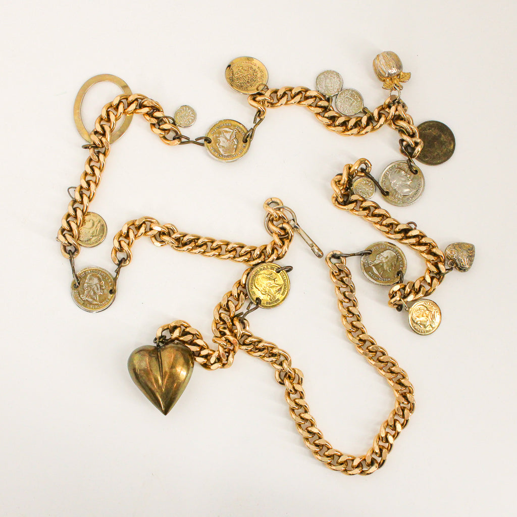 80s gold-tone curb chain coin charm belt