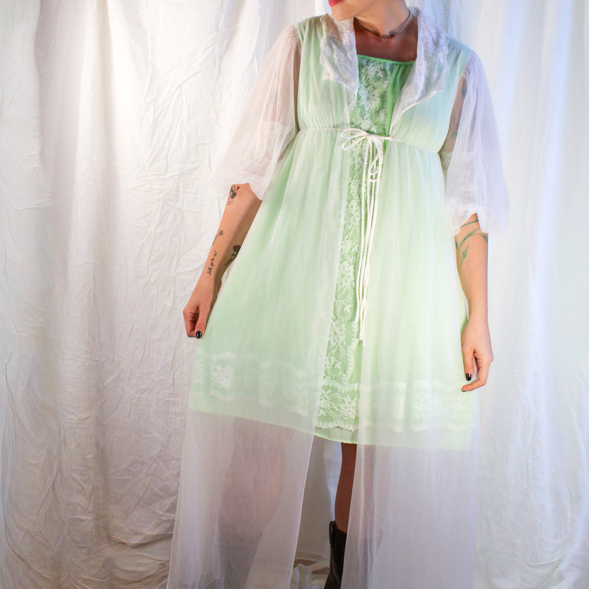 60s/70s vintage texsheen sheer lace maxi robe – vintage lingerie