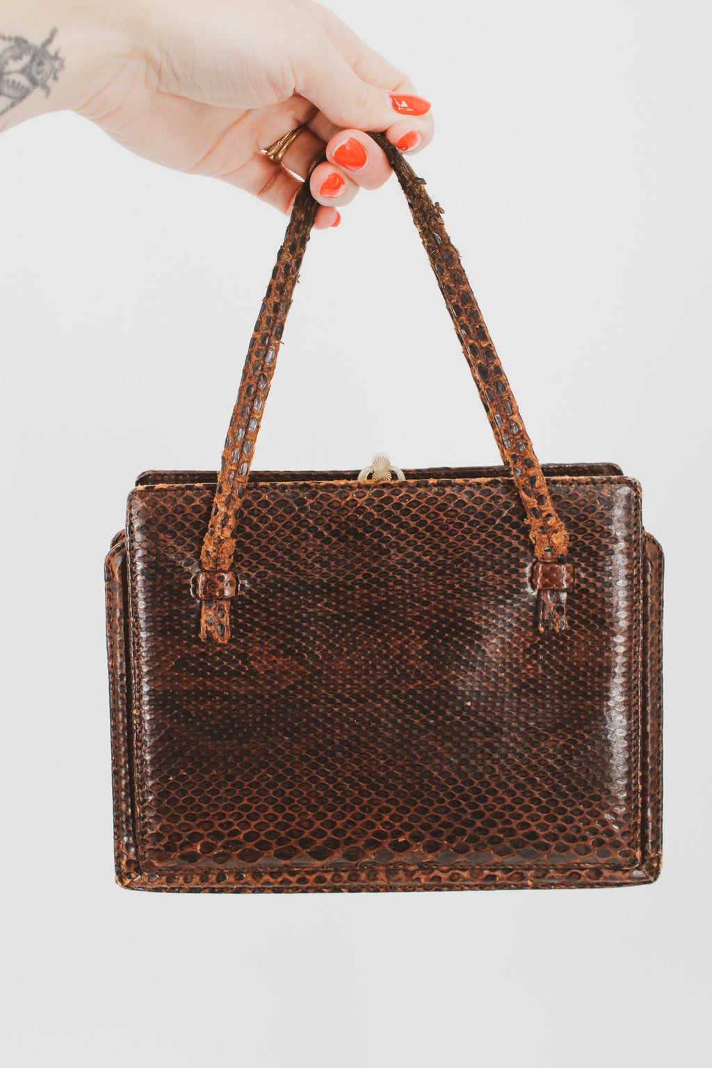 50s snakeskin top handle frame bag - brass kiss-lock