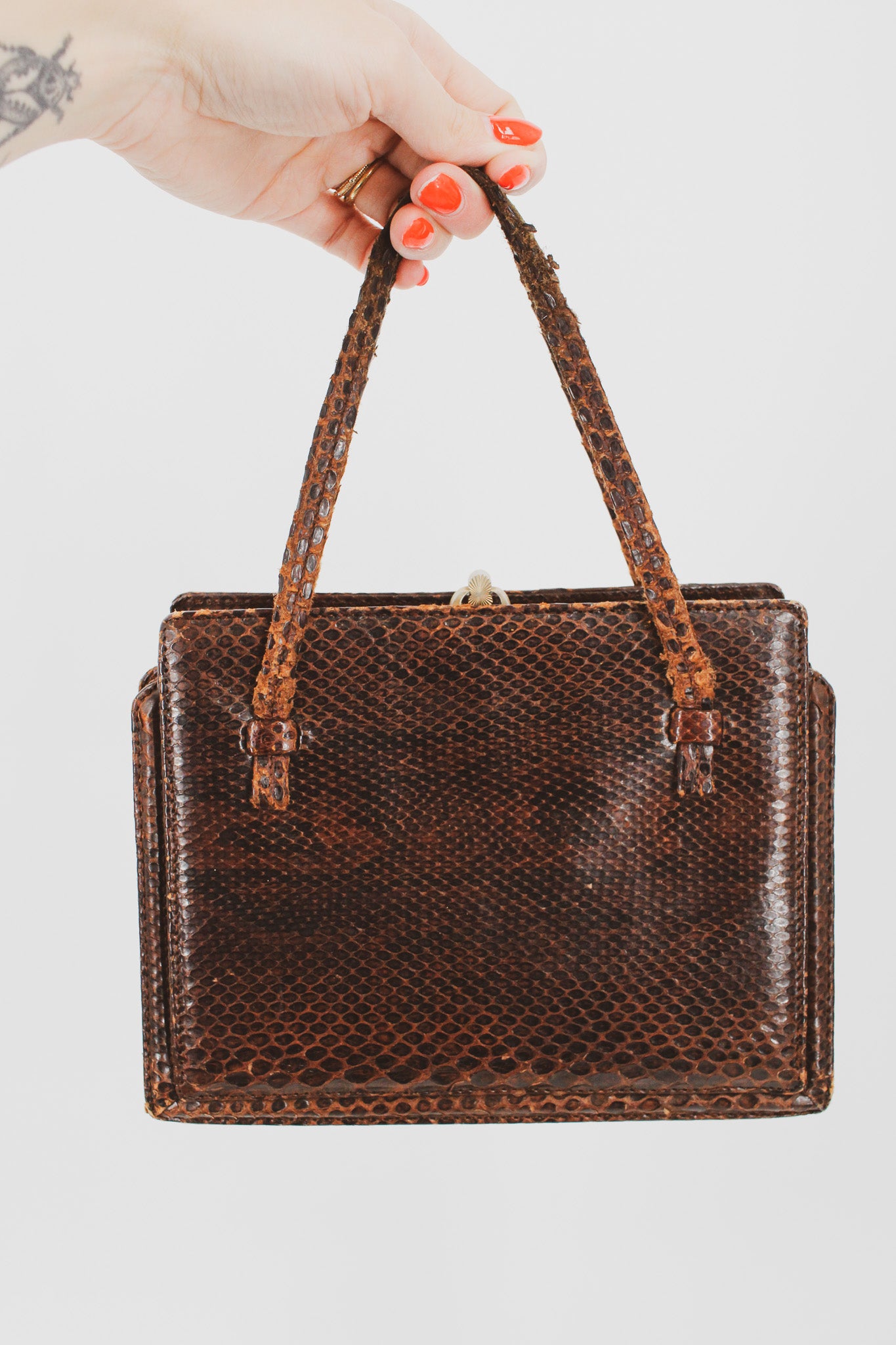 50s snakeskin top handle frame bag - brass kiss-lock