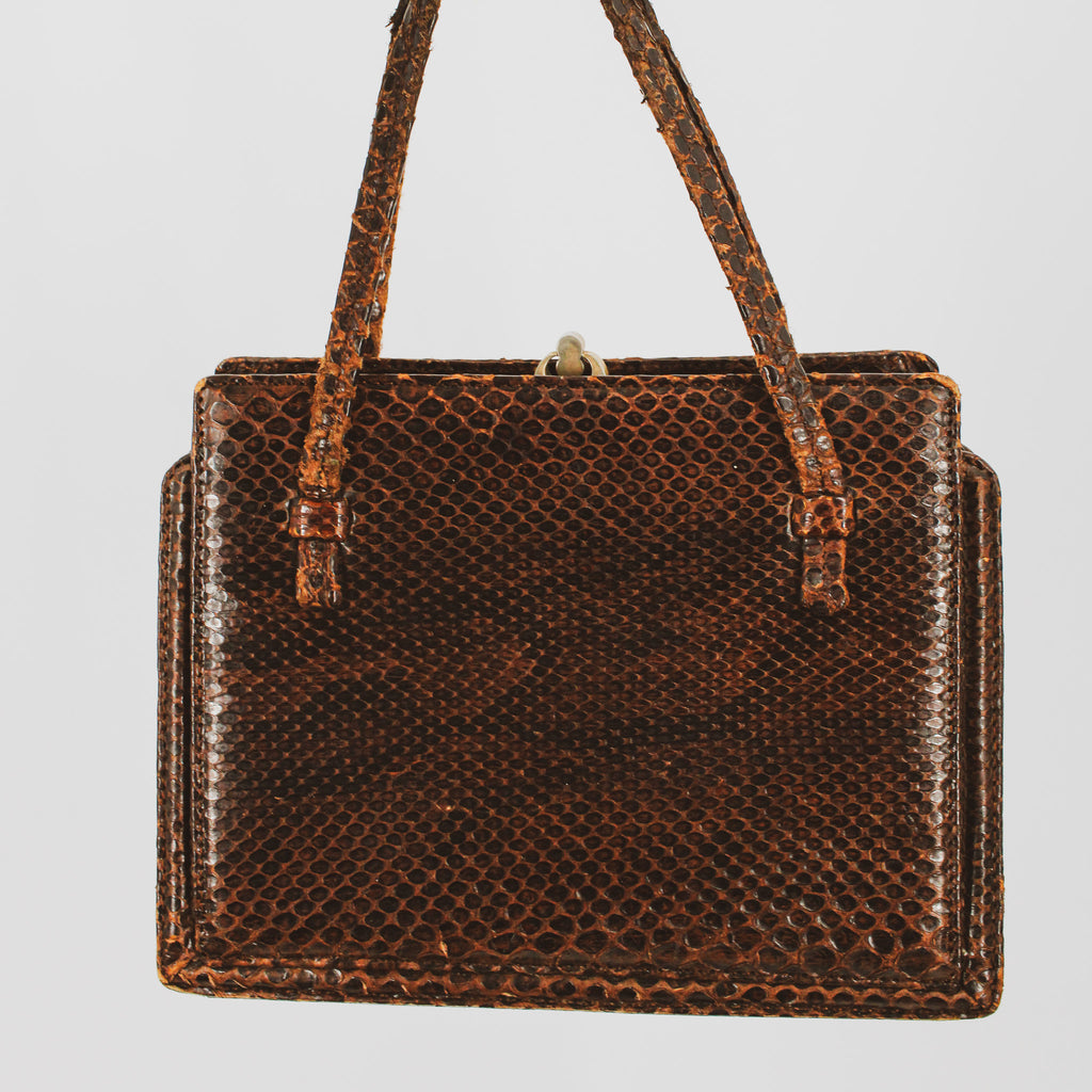 50s snakeskin top handle frame bag - brass kiss-lock