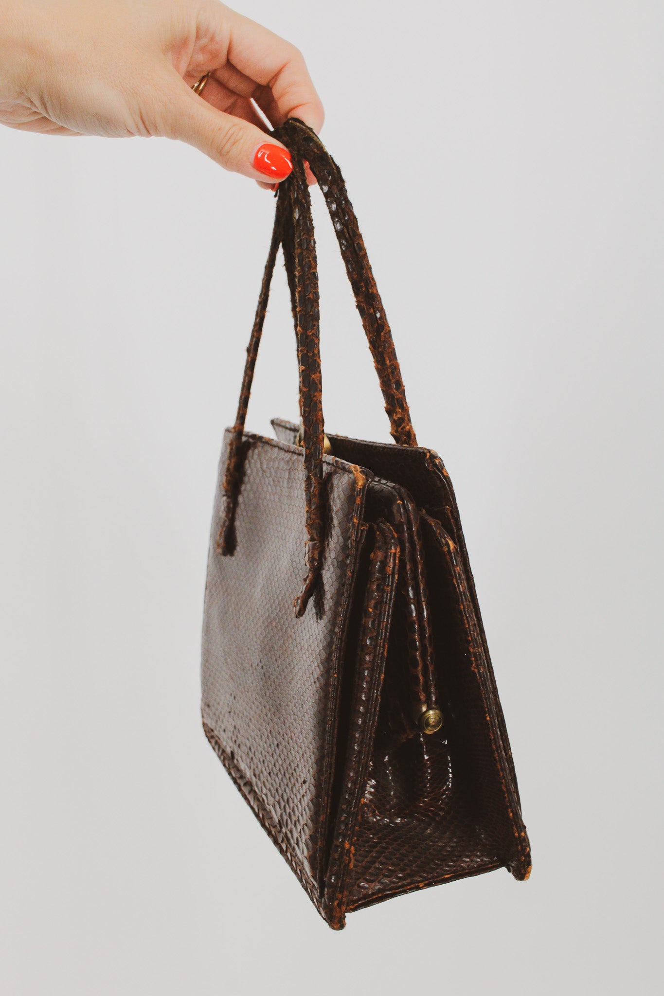 50s snakeskin top handle frame bag - brass kiss-lock