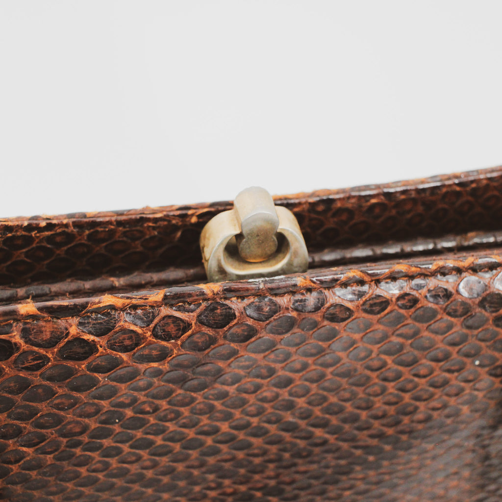 50s snakeskin top handle frame bag - brass kiss-lock