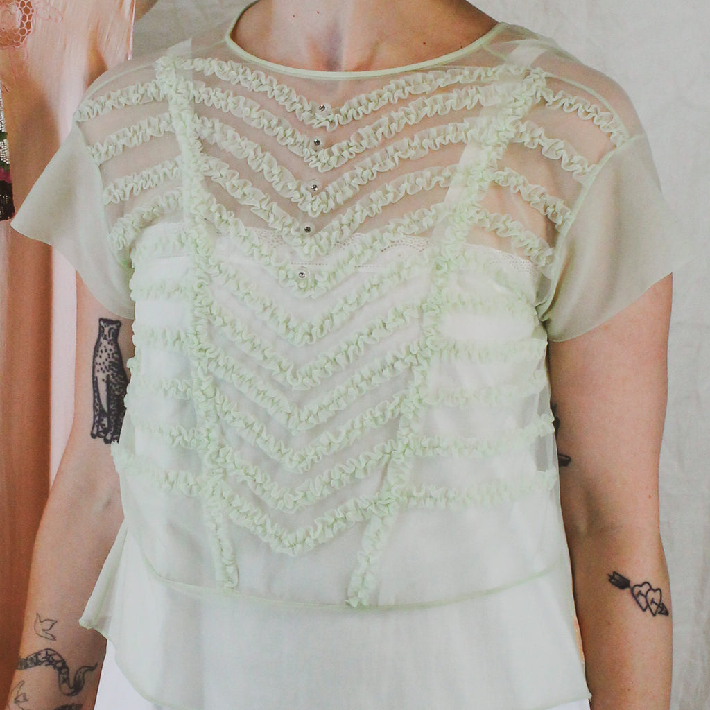 1940s sheer chiffon ruffle blouse with rhinestone buttons